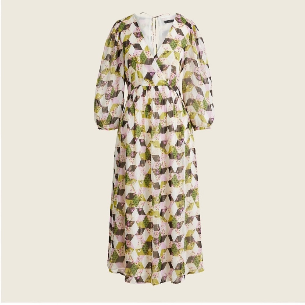 J Crew Lurex Metallic Threads Chiffon Patchwork Print Midi Dress 2